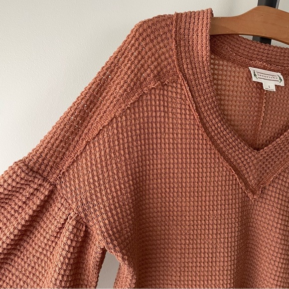 Loveriche Waffle Knit Balloon Statement Sleeve Vneck Pullover Top Blouse Sweater - Picture 6 of 9